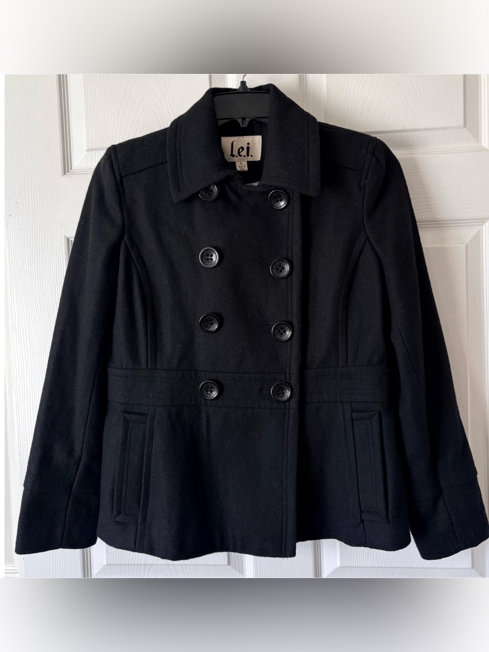 Vintage Y2K L.E.I. Black Wool Double Breasted Pea Coat Large